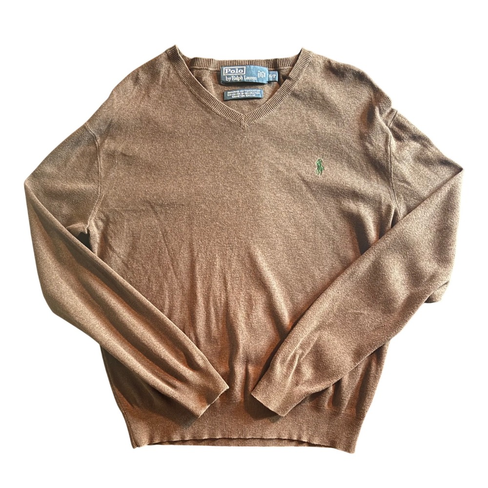 Polo Ralph Lauren Pima Cotton V-Neck Sweater Mens S Brown Green Pony Logo